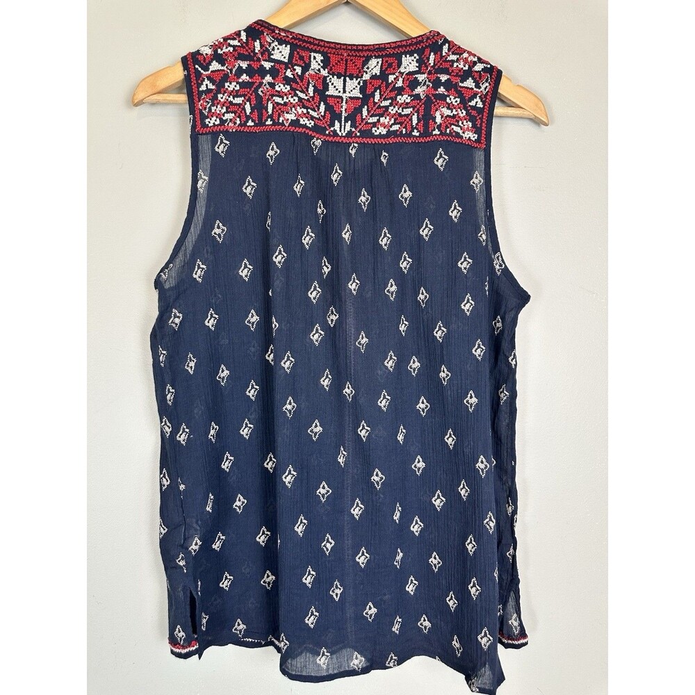 Lucky Brand Tank Top M Sleeveless Navy Embroidered Boho Festival Peasant Shirt - Picture 2 of 7